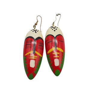 Hand Painted Wooden Dangle Earrings With Tribal Mask Design Vibrant Colors